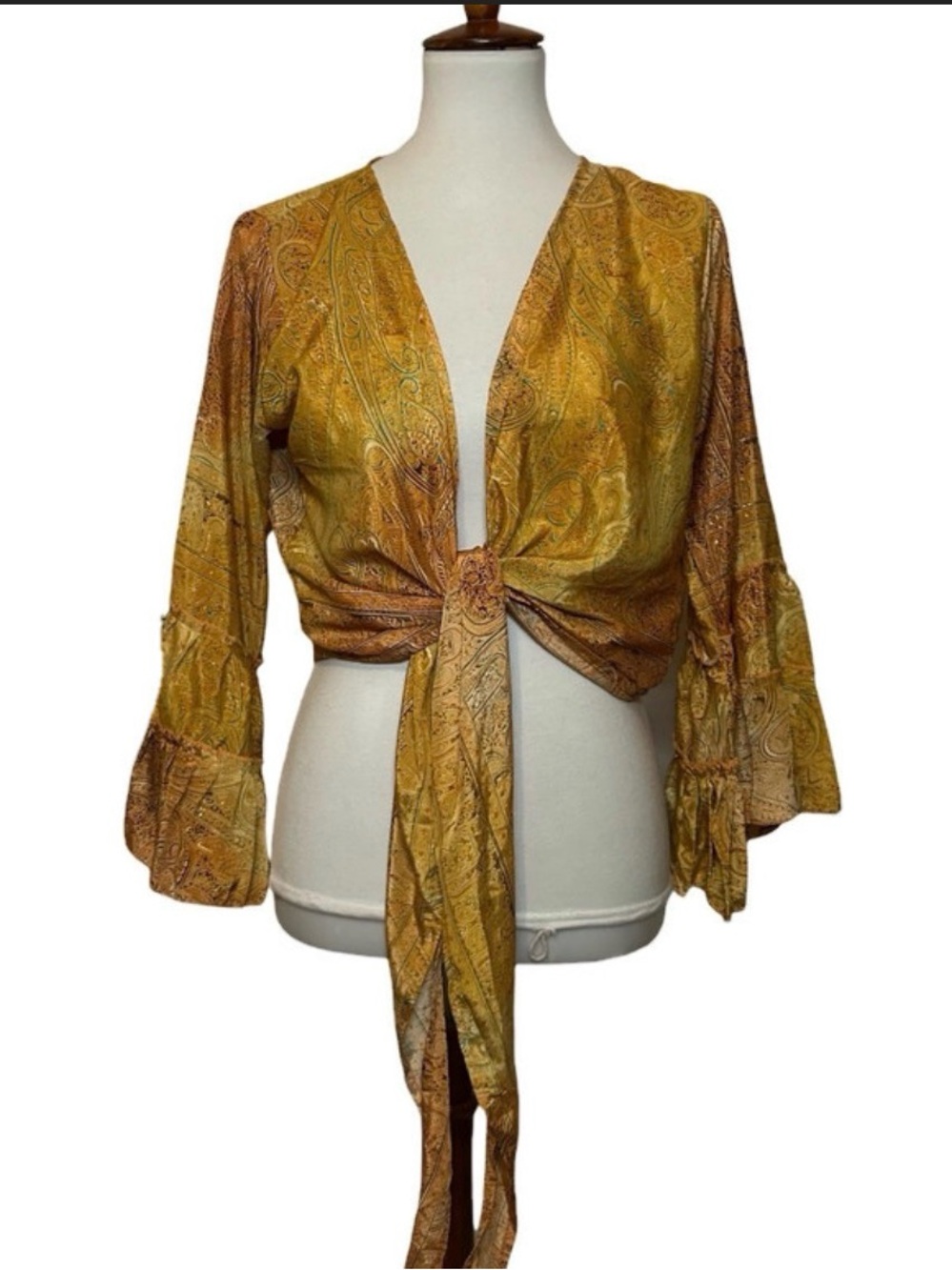 Boho Festival Silk Tie-Front Bell Sleeve Paisley Crop Top OS